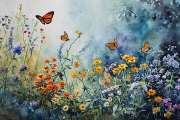 : A watercolor painting of a flower garden with butterflies and bees.