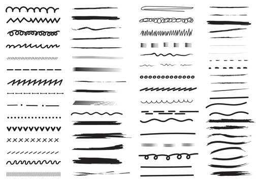 Hand drawn line. Ink pen drawing lines, underline brush and pencil strokes brushes vector elements set