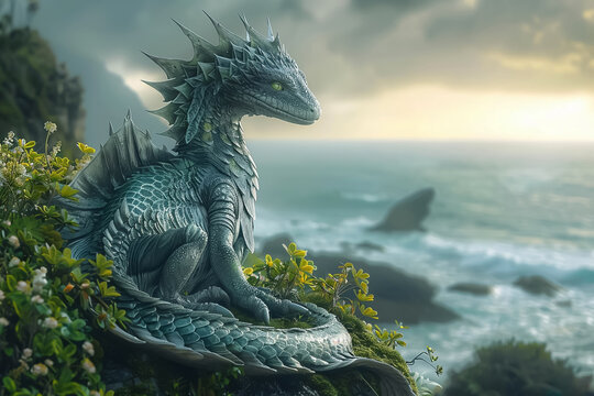Mythical Creature Seaside a serene scene of harmony between nature and magic
