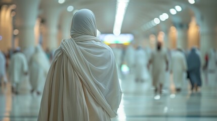 Group of People walking together doing Islamic Hajj pilgrimage or Umrah - obrazy, fototapety, plakaty