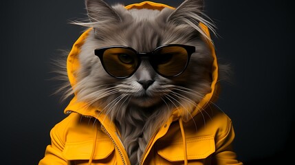 A fashionable cat showcases its individuality in a vibrant outfit and stylish glasses against a...
