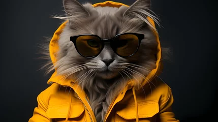 Tuinposter A fashionable cat showcases its individuality in a vibrant outfit and stylish glasses against a solid bright yellow background. I © Shani