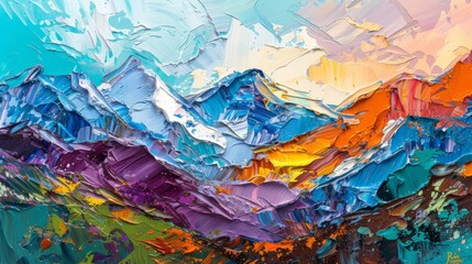 Abstract Mountain Majesty Unveiled: Explore the Fusion of Impasto Technique and Vibrant Colors in Modern Expressionism, Capturing Nature's Grandeur on Canvas