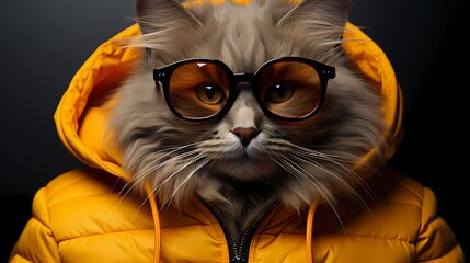 A fashionable cat showcases its individuality in a vibrant outfit and stylish glasses against a solid bright yellow background. 