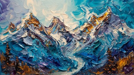 Fototapeta na wymiar Abstract Mountain Majesty Unveiled: Explore the Fusion of Impasto Technique and Vibrant Colors in Modern Expressionism, Capturing Nature's Grandeur on Canvas