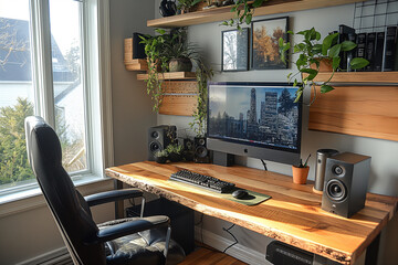 A compact office setup with a wall-mounted desk - obrazy, fototapety, plakaty