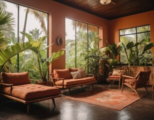 The stylish boho compostion at living room interior with design gray sofa