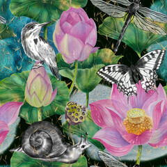 Seamless pattern with pink lotus, leaves, bird, dragonfly, butterfly and snail