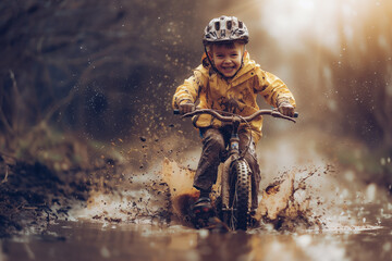 A child is having fun whilst riding the mountainbike through mud on a rainy bad weather day. - obrazy, fototapety, plakaty