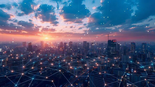 A bustling smart city skyline overlaid with glowing network connectivity lines during a picturesque sunset.