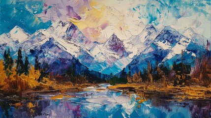 Abstract Mountain Majesty Unveiled: Explore the Fusion of Impasto Technique and Vibrant Colors in...