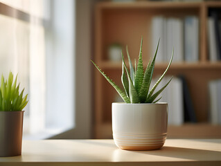 Aloe vera plant in a white flower pot on white background 