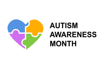 Autism Awareness Month Month greeting banner. Heart with puzzle texture and text on white background. World Autism Awareness Day. 