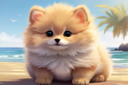 Cute Fluffy Dog on Beach Wallpaper, Adorable Baby Dog Pictures, Dog Background, Cute Dog Wallpaper, Dog Picture, Dog Image, AI Generative