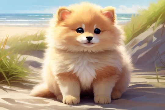 Cute Fluffy Dog on Beach Wallpaper, Adorable Baby Dog Pictures, Dog Background, Cute Dog Wallpaper, Dog Picture, Dog Image, AI Generative