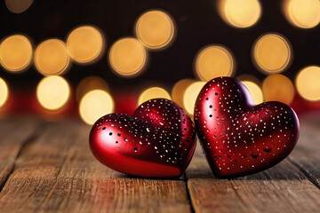 Obraz premium Close-up of red hearts on wooden table with defocused lights. Perfect St. Valentine's Day background for romantic projects.