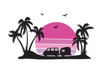 silhouette of palm trees and camping van with pink sunset vector