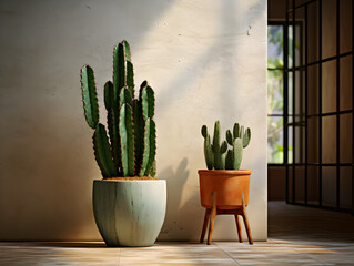 A big cactus plant in a pot at home, modern interior design 