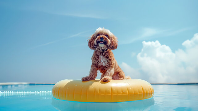 Cute small dog on a yellow pool float, Puppy having fun in summer swimming pool with large open blue sky | Generative AI
