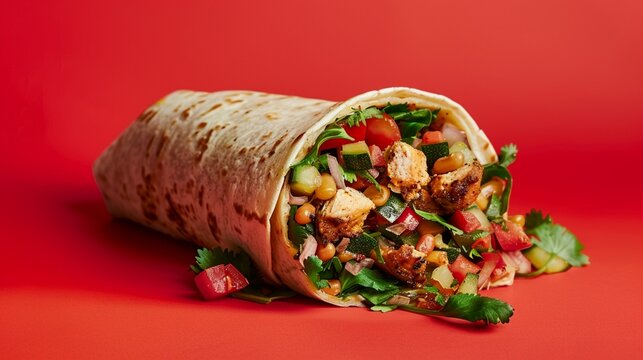 a meal chicken and vegetable burrito on a red background, in the style of he jiaying, high quality, lifelike renderings, canon af35m, light brown and green
