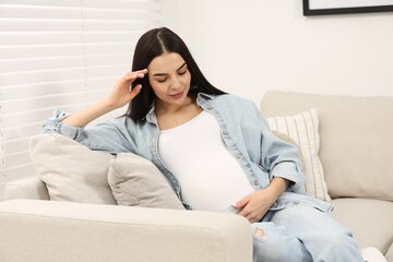 Pregnant young woman on sofa at home