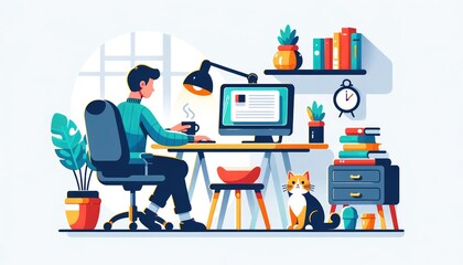 Man focused on work at his desk with a computer, accompanied by a cat in a well organized home office. - obrazy, fototapety, plakaty