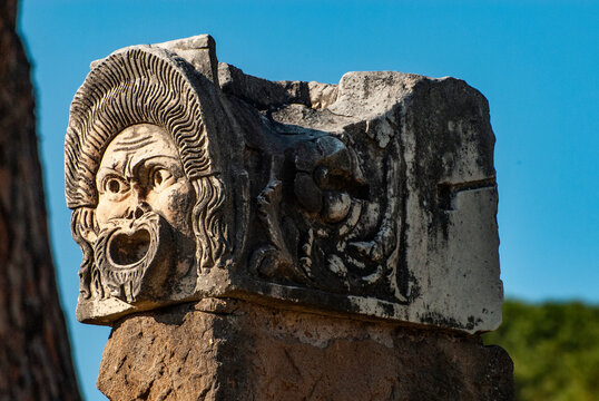 Stone Masks in the Roman Amphitheater Ostia Antica, Rome, Italy