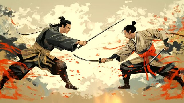Two samurai fighting.  Seamless looping time-lapse 4k video animation background