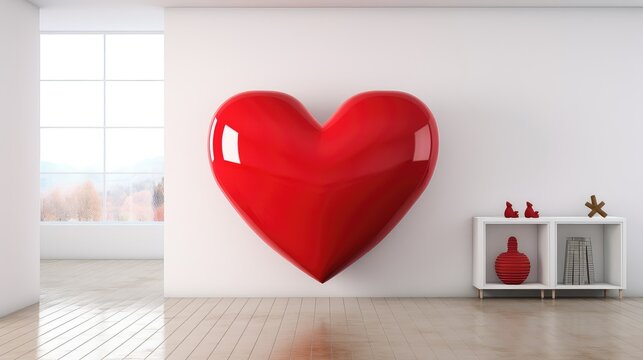 A red three-dimensional heart on a white background, on a white wall. A place for the text. a three-dimensional heart. In a minimalistic modern bright interior.