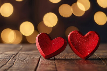 Close-up of red hearts on wooden table with defocused lights. Perfect St. Valentine's Day background for romantic projects.