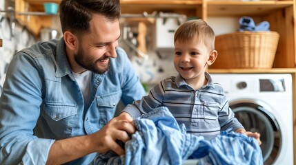 Fototapeta premium Father and son working together to load a pile of dirty laundry into the washing machine at home