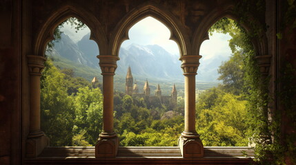 Mountain and castle in front of garden, in style of fantasy settings, architectural vignettes, arched doorways, landscape - obrazy, fototapety, plakaty