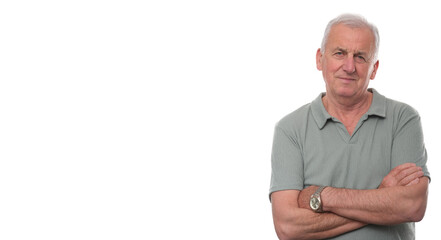 Handsome man 70+ on a white background.