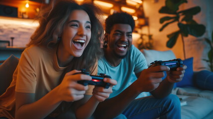 Excited friends playing video games over console at home. Enthusiastic friends gather at home, engrossed in multiplayer video games on a console, radiating joy and camaraderie - obrazy, fototapety, plakaty