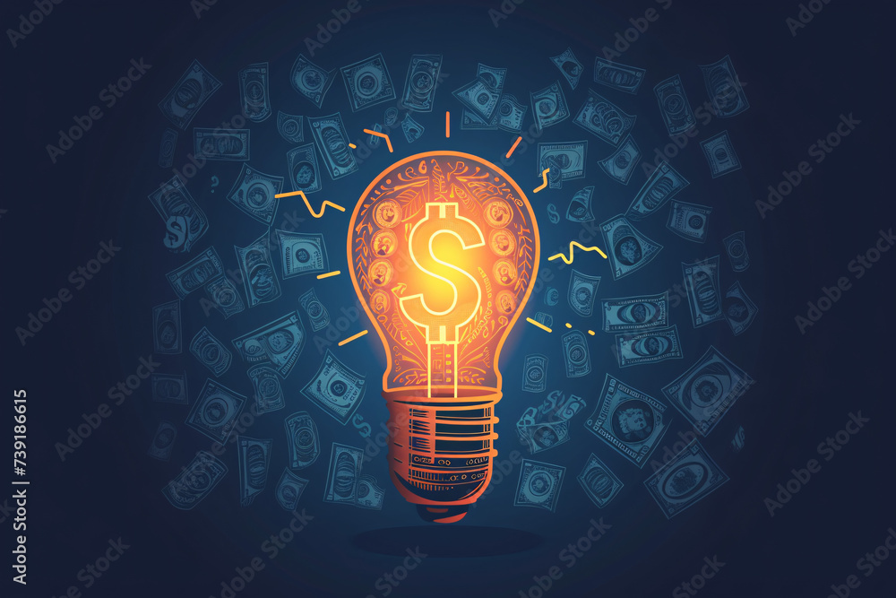 Poster lightbulb with dollar sign glowing with different currency symbols on dark background