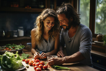 Couple is making salad in their kitchen.