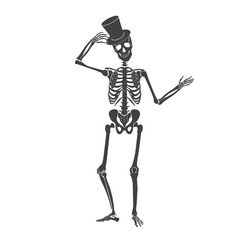 Dance of black skeleton, dead gentleman character holding cylinder to raise in greeting vector illustration