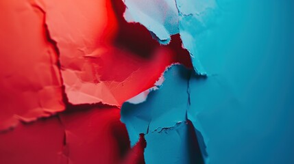 This image displays a vivid contrast between torn red and blue paper, symbolizing conflict or division, ideal for conceptual art or backgrounds in graphic design