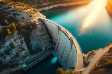 A birds eye view of a hydroelectric dam at sunrise the early light reflecting off the calm reservoir on one side and the river on the other The dam integrates seamlessly into - obrazy, fototapety, plakaty
