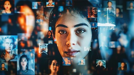 A mosaic of faces and digital elements converge on a woman's face, encapsulating AI's impact on society and individual identity, ideal for discussions on technology, ethics, and the digital world