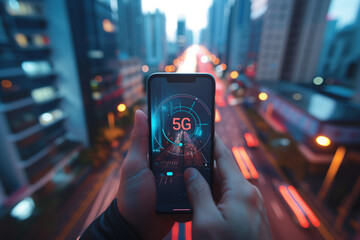 A close up of a users smartphone screen displaying a blazingly fast download speed indicator with the 5G icon prominently highlighted The users hand holds the