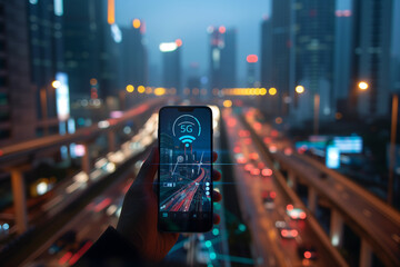 A close up of a users smartphone screen displaying a blazingly fast download speed indicator with the 5G icon prominently highlighted The users hand holds the