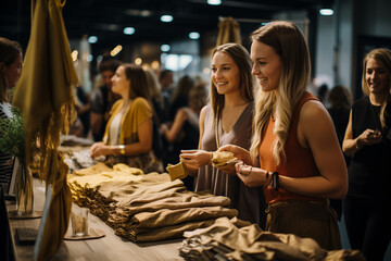 A community event focused on sustainability with booths showcasing eco friendly products and a donation station for environmental causes bustling with engaged attendees