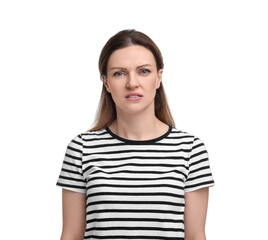 Portrait of sad woman on white background