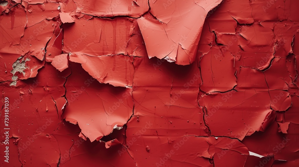 Poster the fragmented texture of a peeling red wall, showcasing decay and the passage of time, ideal for ba
