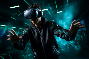 A gamer engaged in a virtual reality simulation of a futuristic sports game standing in an open space with VR tracking cameras mounted on the walls The player is
