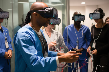 A group of medical students gathered around a VR training setup where one of their peers equipped with a VR headset and haptic feedback gloves performs a - obrazy, fototapety, plakaty