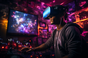 Obraz na płótnie Canvas A highly detailed scene of a user immersed in a virtual reality game wearing a sleek futuristic VR headset The users living room is dimly lit with LED lights from the VR
