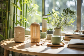 A serene home office setup featuring bamboo desk accessories recycled paper notebooks and plant...