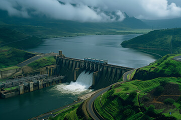 Fototapeta premium A sprawling hydroelectric power plant nestled in a lush green valley The vast dam harnesses the power of a mighty river with water cascading down spillways against the backdrop